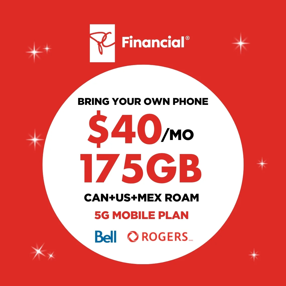 White President's Choice Financial logo above a white circle on a red background containing "175 GB FOR $40/MO with select carriers".